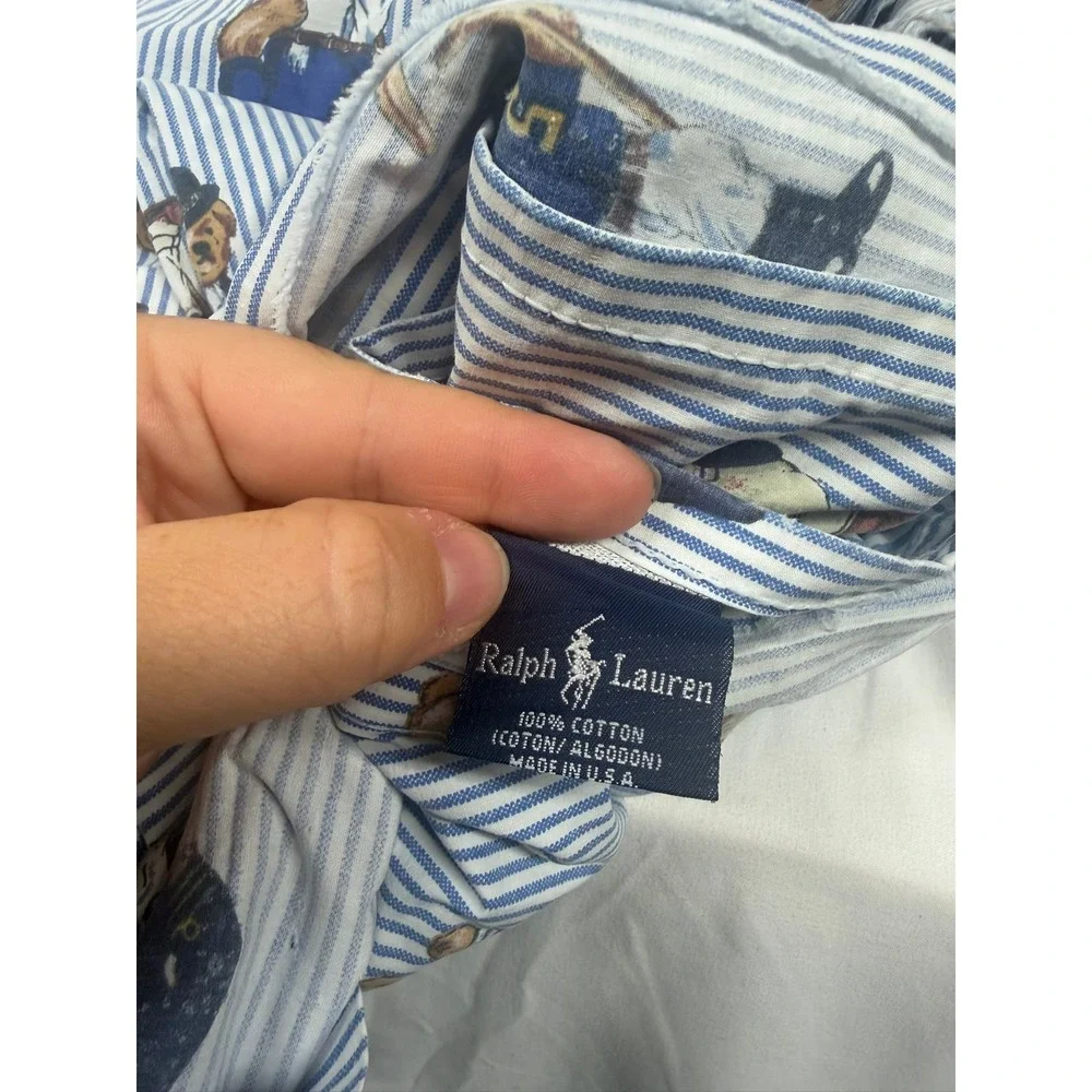 Vintage 90s Ralph Lauren Polo Bear Blue Stripe Cotton Fabric Twin Sheet USA Made